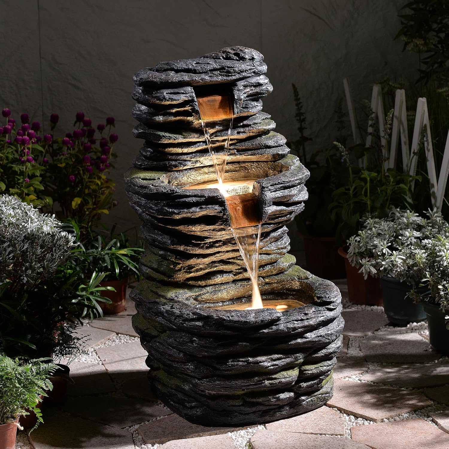 28.8” Tall Rock Water Fountain Outdoor Garden, 3-Tiers Cascading Rock Natural Waterfall Fountains with LED Lights, Indoor Resin Water Feature Fountain for Patio, Garden and Backyard, Deck, Porch, Home-VerdiqueGarden