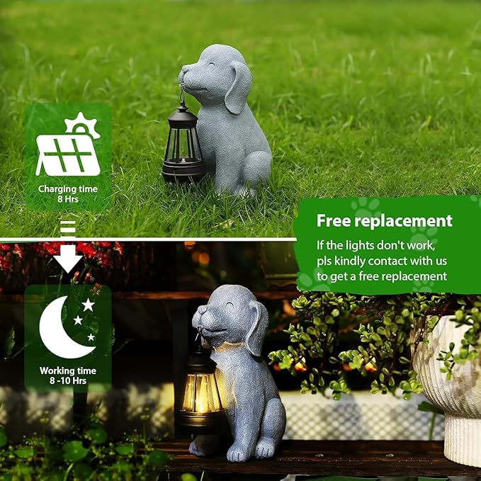 Solar Dog Statues for Garden Decorations Solar Garden Statues for Patio, Balcony, Yard Ornament Unique Housewarming Gifts Figurine Lights, Gray-VerdiqueGarden