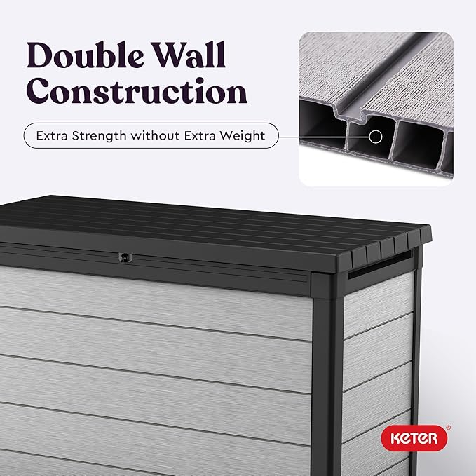 Keter Denali 200 Gallon Resin Large Deck Box with Double Wall 20mm Panels - Paintable and Drillable-Organization and Storage for Patio Furniture and Outdoor Items, Grey & Black-VerdiqueGarden
