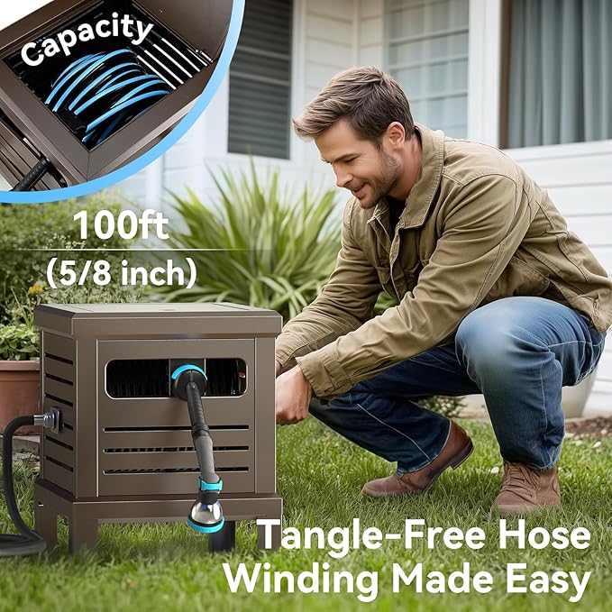 Hose Reel, Heavy Duty Hose Reel Box Hideaway Holds 100 ft x 5/8" Hose, Never-Leak System, Manual Crank Handle, Hose Guide, Stable Foot Pedal, Ideal for Yards, Patios, and Garden Sheds-VerdiqueGarden