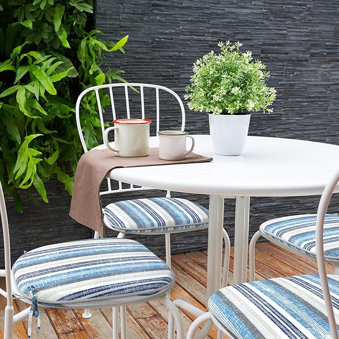 Indoor/Outdoor Chair Cushions 16x17 Inch, Patio Chair Cushions with Ties, All Weather Seat Cushions for Patio Furniture Home Garden Chair Use, Set of 4, Stripe Layered Blue-VerdiqueGarden