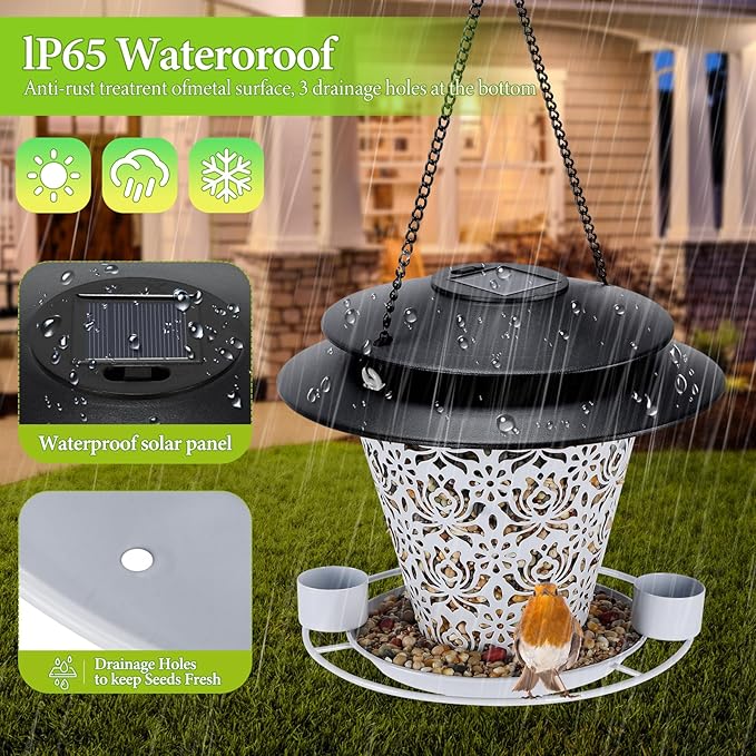 Solar Bird Feeders for Outside Hanging Metal Wild Bird Feeder Solar Lanterns Outdoor Waterproof Garden Decor for Yard White-VerdiqueGarden