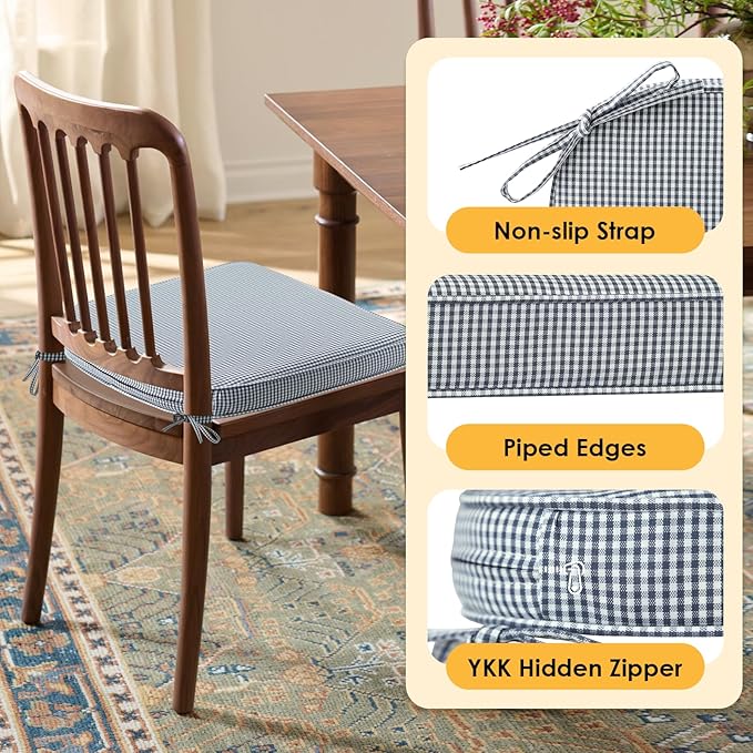 Outdoor Round Corner Seat Cushion, 17"x16"x2", Set of 4, Non Slip Seat Cushion Pads with Removable Cover for Patio Furniture, Garden Yard Lawn, Black White Mini Check-VerdiqueGarden