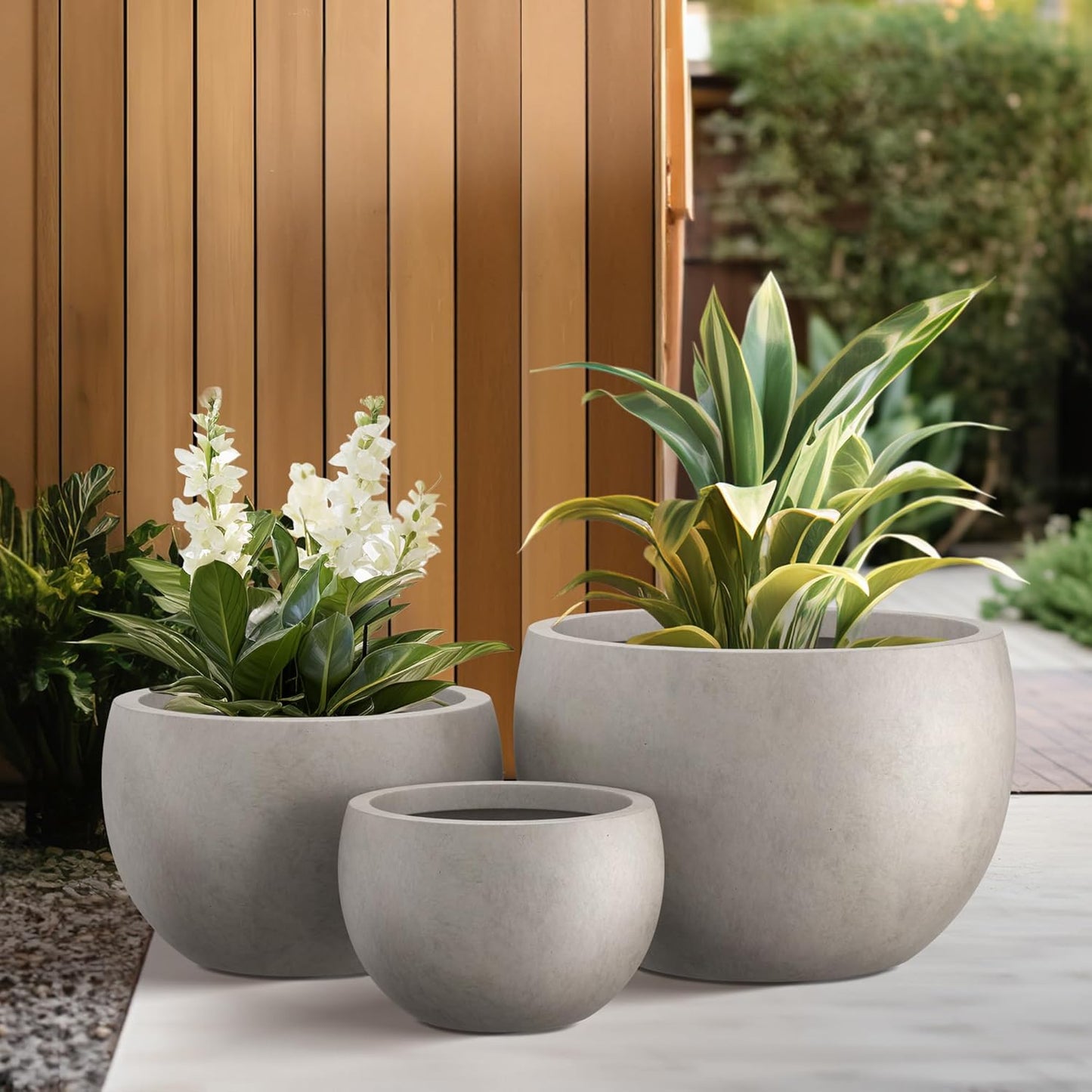 Kante 19.9",15.7",11.8" Dia Round Concrete Planter Set of 3, Outdoor/Indoor Large Bowl Plant Pots with Drainage Hole and Rubber Plug for Garden Patio Balcony Home, Weathered Concrete-VerdiqueGarden