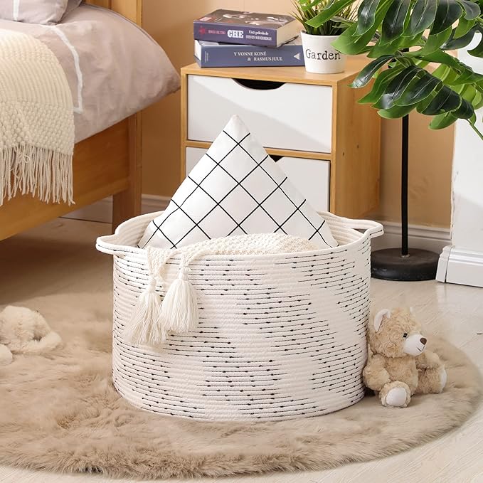 KAKAMAY Large Blanket Basket (20"x13"),Woven Baskets for storage Baby Laundry Hamper，Cotton Rope Blanket Basket for Living Room, Laundry, Nursery, Pillows, Off White with Blue & Brown Dotted Pattern-VerdiqueGarden