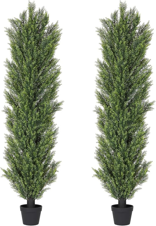 THE BLOOM TIMES 6ft Tall Topiary Trees Artificial Outdoor – UV Resistant Faux Cedar Pine Cypress Bushes and Shrubs, Fake Potted Plants for Front Porch Outside Planter Patio Decor, Set of 2 (6 Foot)-VerdiqueGarden