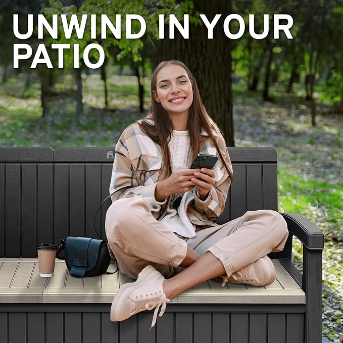 EconoHome 3 Seat Outdoor Storage Bench with Rain Cover - 90 Gallon Capacity - Weatherproof Resin Bench for Patio, Porch, Garden, Yard, Pool Area - Furniture for Pool Accessories, Gardening Tools-VerdiqueGarden