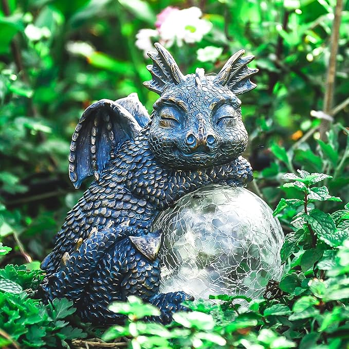WONDER GARDEN Dragon Statue - Sleeping Dragon Figurines Solar Light Resin Garden Statues with Crackled Glass Globe Outdoor Waterproof Lawn Ornament Decor-VerdiqueGarden