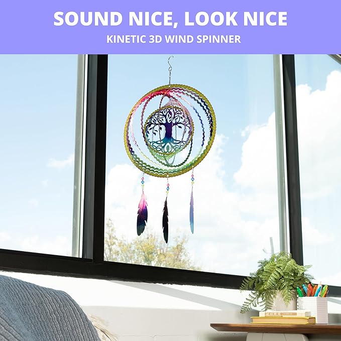 VP Home Tree of Life Dreamcatcher with Feathers Kinetic Wind Spinners - Native American Garden Decor - Sculpture Spinner for Yard and Garden Outdoor - Metal Large Hanging Dreamcatcher - 10"W x 16.5"H-VerdiqueGarden