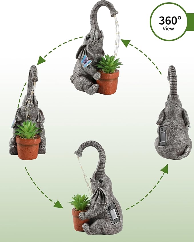 iStatue Solar Elephant Figurine with Succulent Plant Pot - 11'' Hand-Painted Lifelike Resin Lawn Ornaments Statue for Yard Art Garden Decor Gifts (Elephant)-VerdiqueGarden