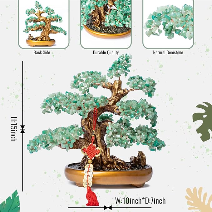 Green Aventurine Gemstone Crystal Bonsai Tree of Life Large Feng Shui Money Chakra Tree for Luck and Wealth Desk Decoration(1,251 Gem Count)-VerdiqueGarden