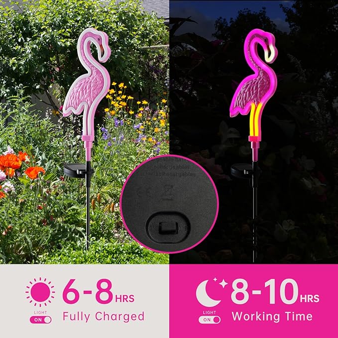 Flamingo Solar Lights Outdoor Decor,Solar Pink Flamingos Outdoor for Yard Decorations, Pink Neon Solar Flamingo Garden Lights for Outside,Pathways,Patio, Lawn, or Landscaping Decor(2Pack)-VerdiqueGarden