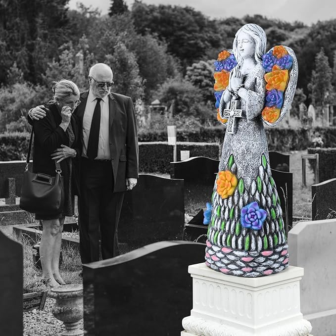 Yiosax-Garden Angels Outdoor Statue-Solar Lights Decor - Solar Angels for Cemetery Grave Cross Praying Succulent Wings Remembrance Angel Figurine Lawn Yard Decorations, White, Yiosax-Angel04-VerdiqueGarden