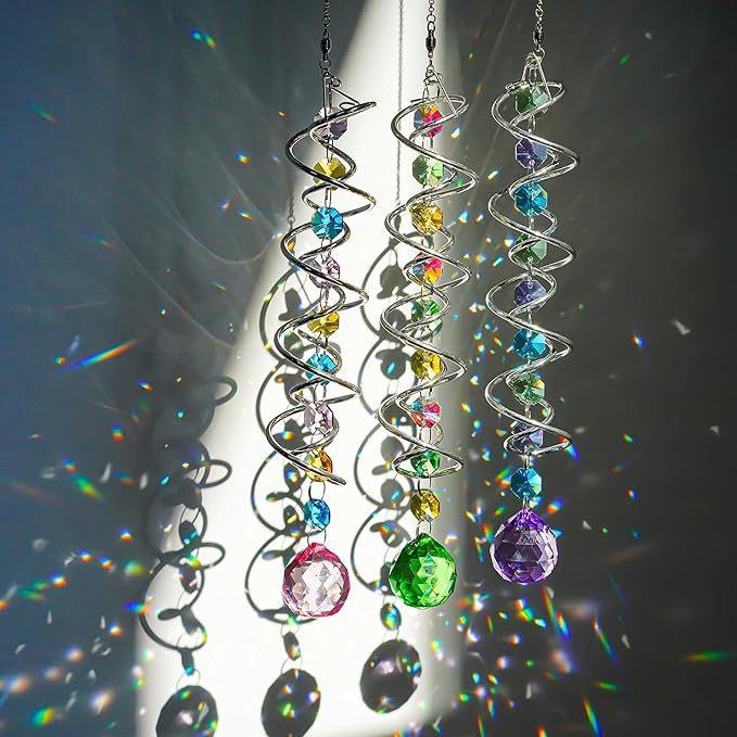 H&D HYALINE & DORA Set of 3 Crystal Sun Catcher for Window Hanging Double-Spiral Gazing Ball Spiral Tail Rainbow Maker Wind Spinners Outdoor for Garden, Patio, Porch, Christmas-VerdiqueGarden