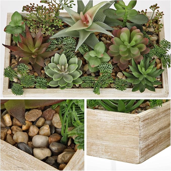 Artificial Succulent Plants in Pot 10 Inch Fake Succulent Arrangement Potted Succulents Plants Centerpiece in Rectangular Wooden Planter for Home Office Desk Shelf Living Room Bedroom Farmhouse Decor-VerdiqueGarden