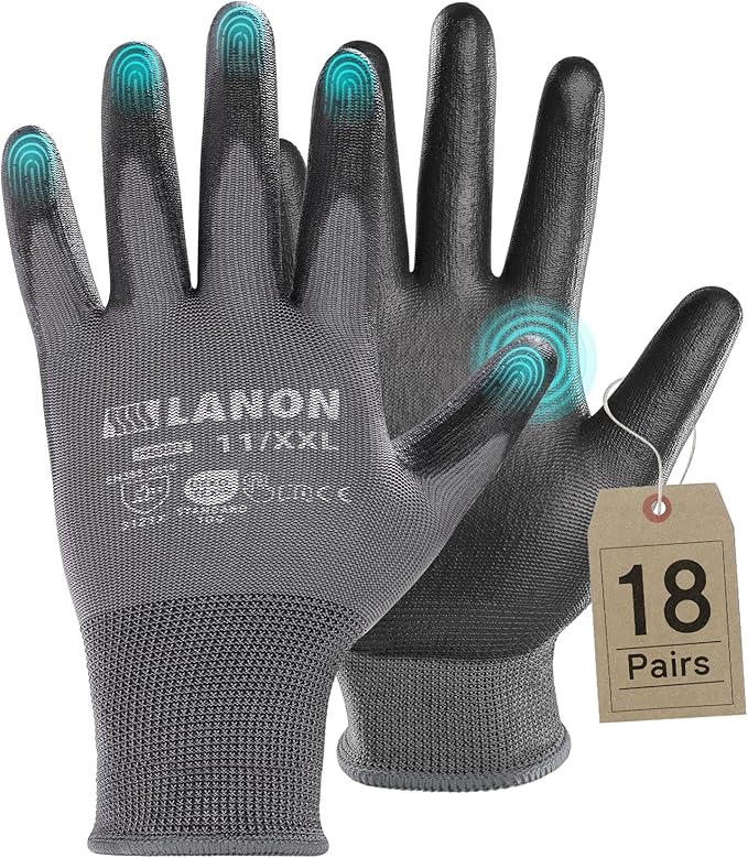 LANON 18 Pairs Safety Work Gloves, Mechanic Working Gloves for Men,Breathable PU Coated, Seamless Knit,Double Wash, Grey, XXL-VerdiqueGarden