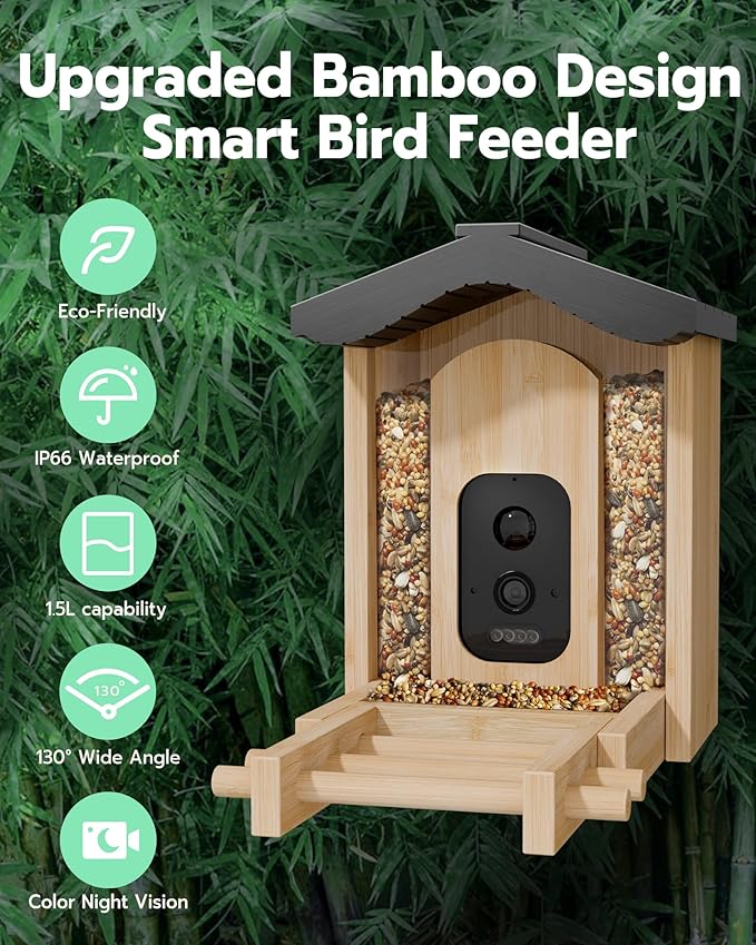 Bird Feeder with Camera, Smart Bird Feeder for Outdoors, Wild Birds Feeders with Solar Panel Bamboo Birds House Camera for Birdlovers, AI Auto Capture Birds & Real-time Notification (Gable)-VerdiqueGarden