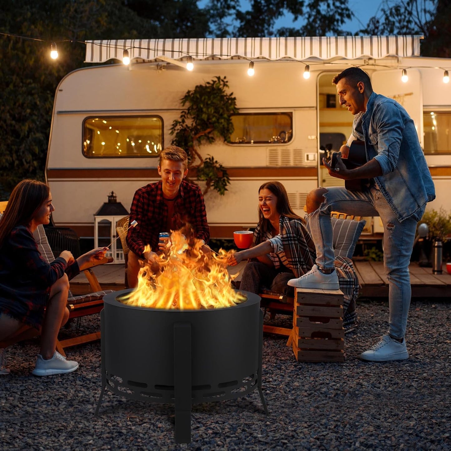 26" Smokeless Fire Pit with Ash Tray Base,Smokeless Outdoor Firepits with Adjustable Foot&Fire Poker,Firepit with Dust Bag,Outdoor Fire Pits for BBQ,Bonfire,Camping-VerdiqueGarden