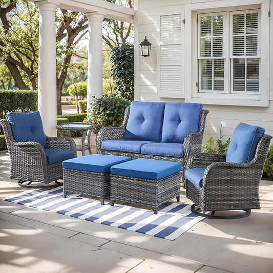 Outdoor Wicker Patio Furniture Set - 6 Piece Rattan Patio Conversation Set with 2 Rocking Swivel Chairs,2 Ottomans,1 Loveseat and 1 Side Table for Porch Deck Backyard Garden(Mixed Grey/Blue)-VerdiqueGarden