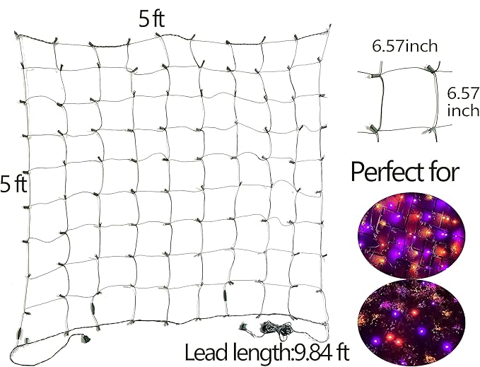 HISHINY Halloween Lights Outdoor,100LED 5ftx5ft Net Lights with Connectable, Waterproof,UL Certified and Durable Green Wire Design for Bushes,Trees,Halloween Decorations Outdoor(Purple&Orange)-VerdiqueGarden