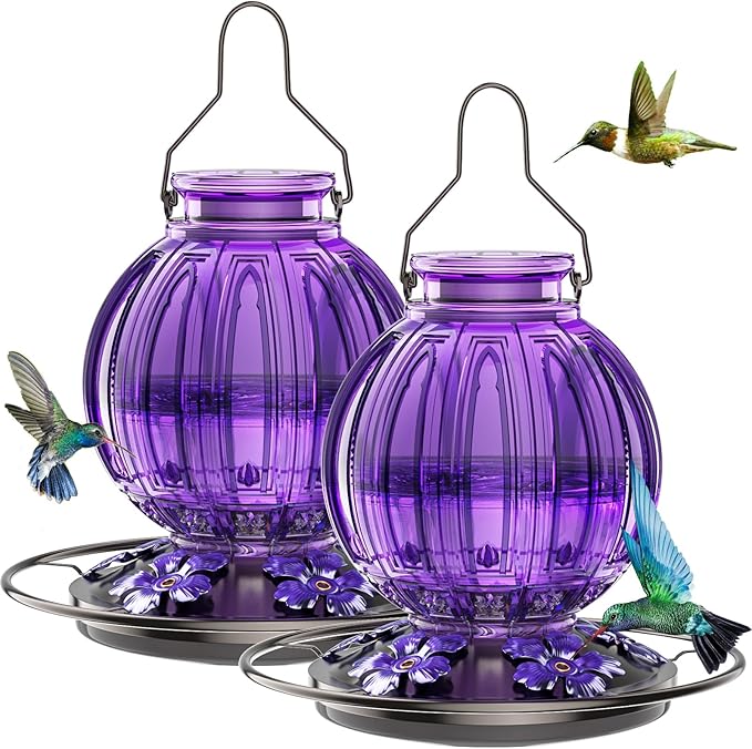 2 Pack Glass Hummingbird Feeder for Outdoors Hanging, Bird Nectar Feeder with Perch & 5 Flower Feeding Ports, 26 Oz Leak Proof for Outside Garden Decor Backyard, Gifts for Women Mom, Purple-VerdiqueGarden
