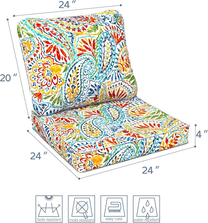 LVTXIII Outdoor Deep Seat Cushion 24"x24"x4" Patio Seat and Back Cushion Set Seasonal Chair Cushion for Dining Arm Chairs, Wicker Chairs and Garden Furniture Decoration, Paisley Multi-VerdiqueGarden