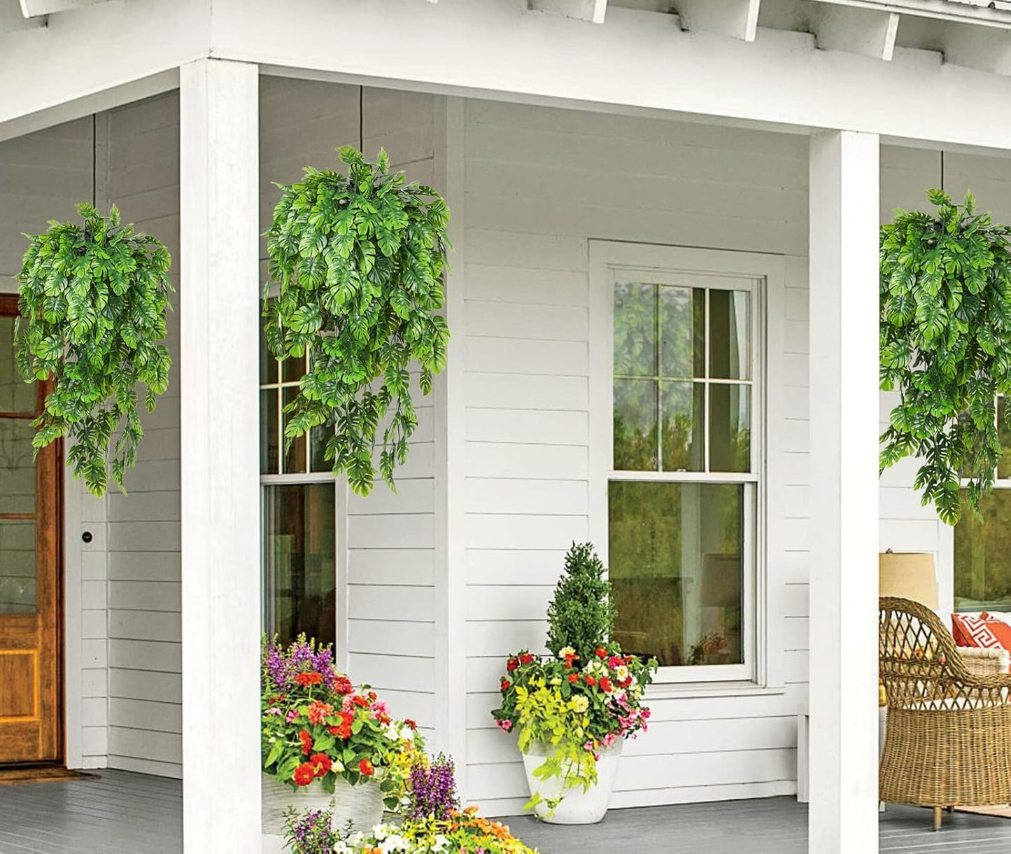 RECUTMS Artificial Hanging Plants 4Pcs, Fake Monstera Leaves Ivy Vine Faux Greenery UV Resistant Tropical Palm Leaf Swag Plant for Garden Home Jungle Hawaiian Luau Party Outdoor Indoor Spring Décor-VerdiqueGarden