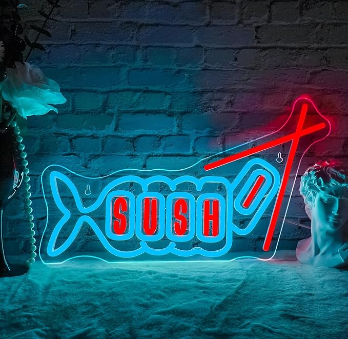 WLHOPE Sushi Fish Neon Sign Neon Signs for Wall Decor Dimmable Sushi Blue Pink Neon Lights LED Sign for Sushi Shop Restaurant Hoom Kitchen Party-VerdiqueGarden