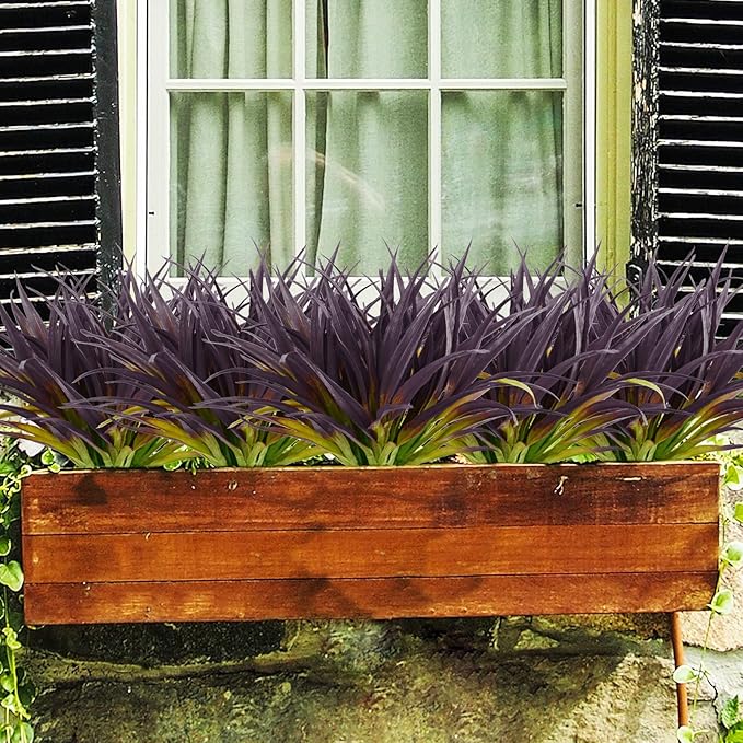 16Pcs Artificial Grass Fake Grass Plants 17.3in Outdoor Plants UV Resistant Faux Greenery Stems for Home Window Garden Patio Pathway Front Porch Halloween Décor Light Green & Purple-VerdiqueGarden