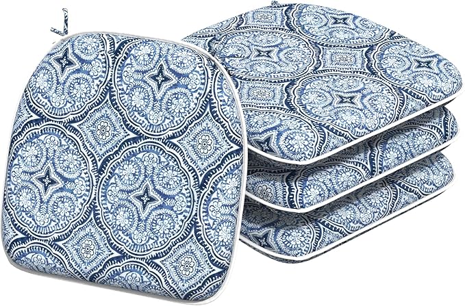 Indoor/Outdoor Chair Cushions 16x17 Inch, Patio Chair Cushions with Ties, All Weather Seat Cushions for Patio Furniture Home Garden Chair Use, Set of 4,Medallion Blue-VerdiqueGarden