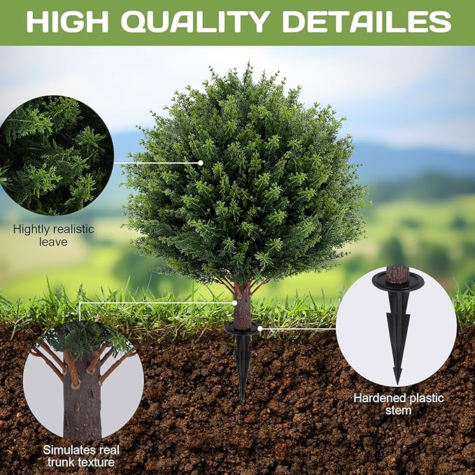 Artificial Cedar Topiary Ball Tree 23" with Ground Spike, Set of 2 Artificial Boxwood Bushes for Faux Shrubs, Fake Evergreen Faux Plant for Indoor Outdoor Porch Garden- UV Resistant – Fade-Proof-VerdiqueGarden