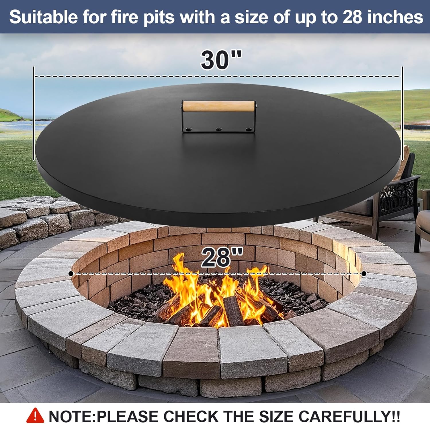 1MORE Fire Pit Lid Round 30" - Metal Firepit Lid with Wooden Handle for Patio Firepits,Rust Resistant 1.5mm Fire Pits Metal Lid,Outdoor Firepits Accessory, Smokeless Fire Pits Cover Round Metal-VerdiqueGarden