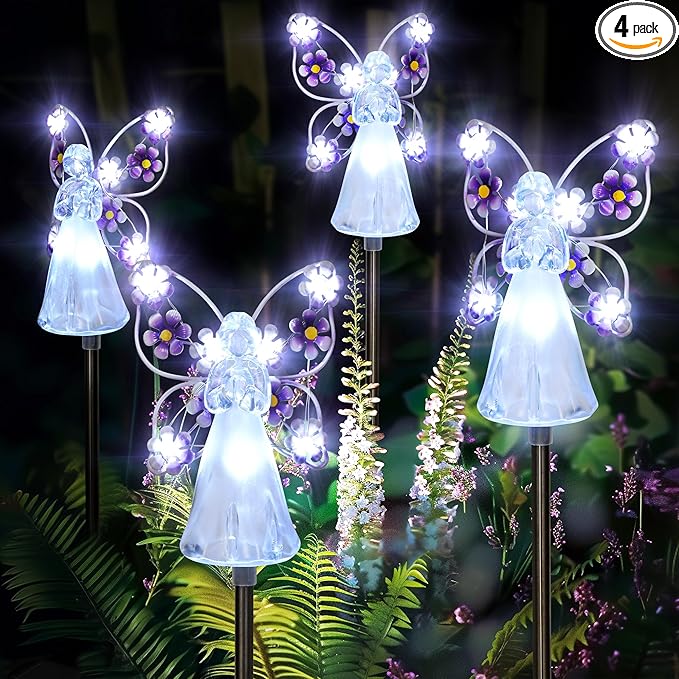 GIGALUMI Solar Angel Garden Stake Lights - 4 Pack Angel Solar Lights Outdoor Garden, Eternal Light Angel with 7 LEDs for Cemetery Grave Decorations, Memorial Gift, Christmas Yard Art, Sympathy Gift-VerdiqueGarden