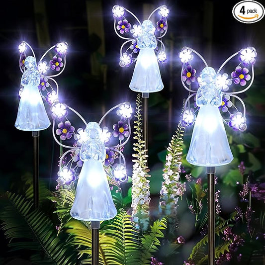 GIGALUMI Solar Angel Garden Stake Lights - 4 Pack Angel Solar Lights Outdoor Garden, Eternal Light Angel with 7 LEDs for Cemetery Grave Decorations, Memorial Gift, Christmas Yard Art, Sympathy Gift-VerdiqueGarden