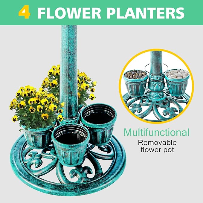 Bird Bath for Outside with 4 Removable Flower Planters 28in Polyresin Lightweight Vintage Birdbath Stake Standing Bowl and Water Feeder Yard Gardan Decor Green-VerdiqueGarden