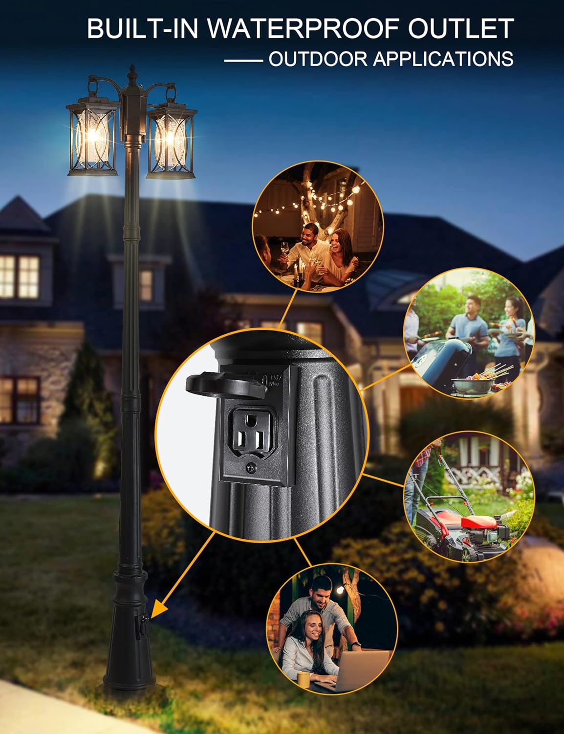 Dusk to Dawn Outdoor Lamp Post Light Modern 2-Head Street Pole Light Fixtures with Outlet, Waterproof Black Outside Street Light Electric Lantern for Backyard, Garden Patio Driveway-VerdiqueGarden