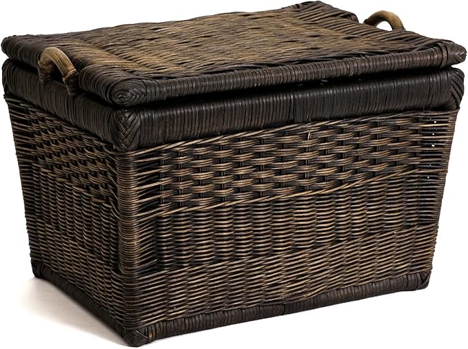 The Basket Lady Lift-Off Lid Wicker Storage Basket, Medium, 20 in L x 15 in W x 14 in H, Antique Walnut Brown-VerdiqueGarden