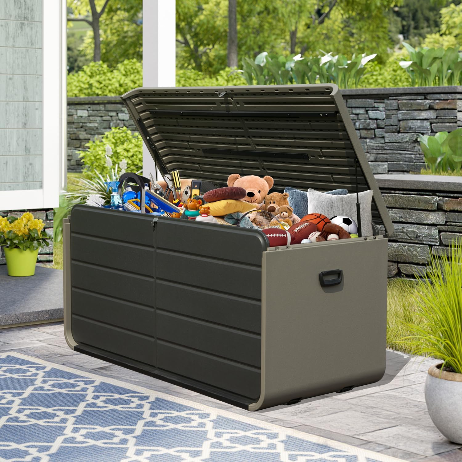 Domi 200 Gallon Outdoor Storage Box – Waterproof, UV-Resistant Deck Box with Lockable Lid for Patio Furniture, Garden Tools, Delivery Packages (Large Resin Storage Bin）-VerdiqueGarden