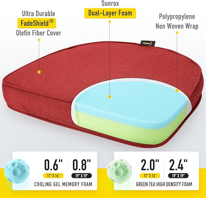 SUNROX Gel Memory Foam Chair Cushions, FadeShield Water-, Stain-Resistant Durable Reversible Seat Cushion Pads with Ties for Indoor/Outdoor Kitchen Dining Office, 19"x19", Set of 2, Burgundy-VerdiqueGarden