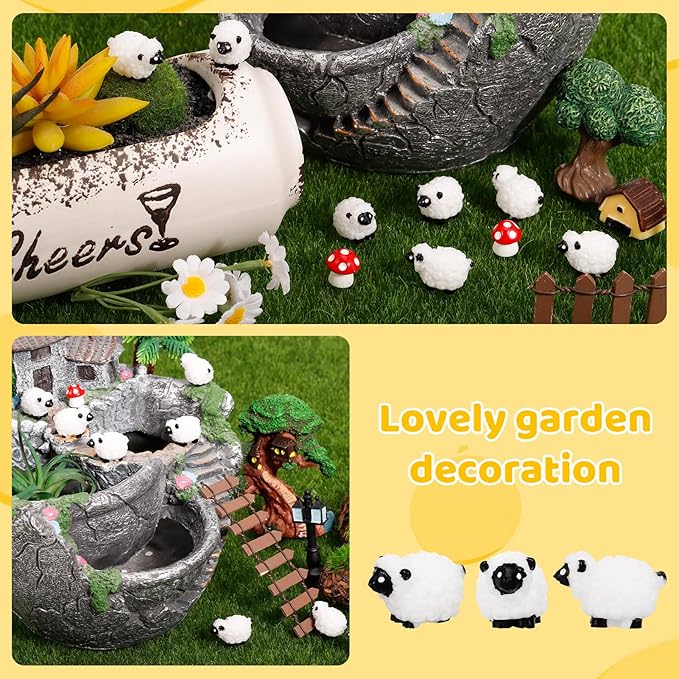 100Pcs Mini White Sheep Miniature Resin Sheep Figurines Cute Little Figurines Fairy Outdoor Moss Ornaments Landscape Figurines Garden DIY Ornament Accessories for Indoor Outdoor-VerdiqueGarden