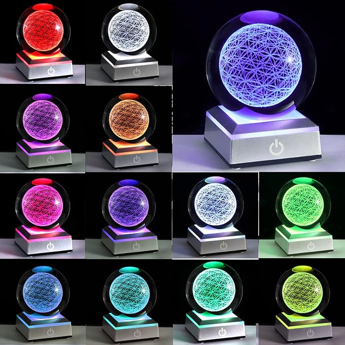 Qianwei Flower of Life Crystal Sphere with Led Colorful Lighting Touch Base, Sacred Geometry Crystal Ball Starlight Magic, Feng Shui Decor Laser Engraved Seek of Flower Inside A Sphere-VerdiqueGarden