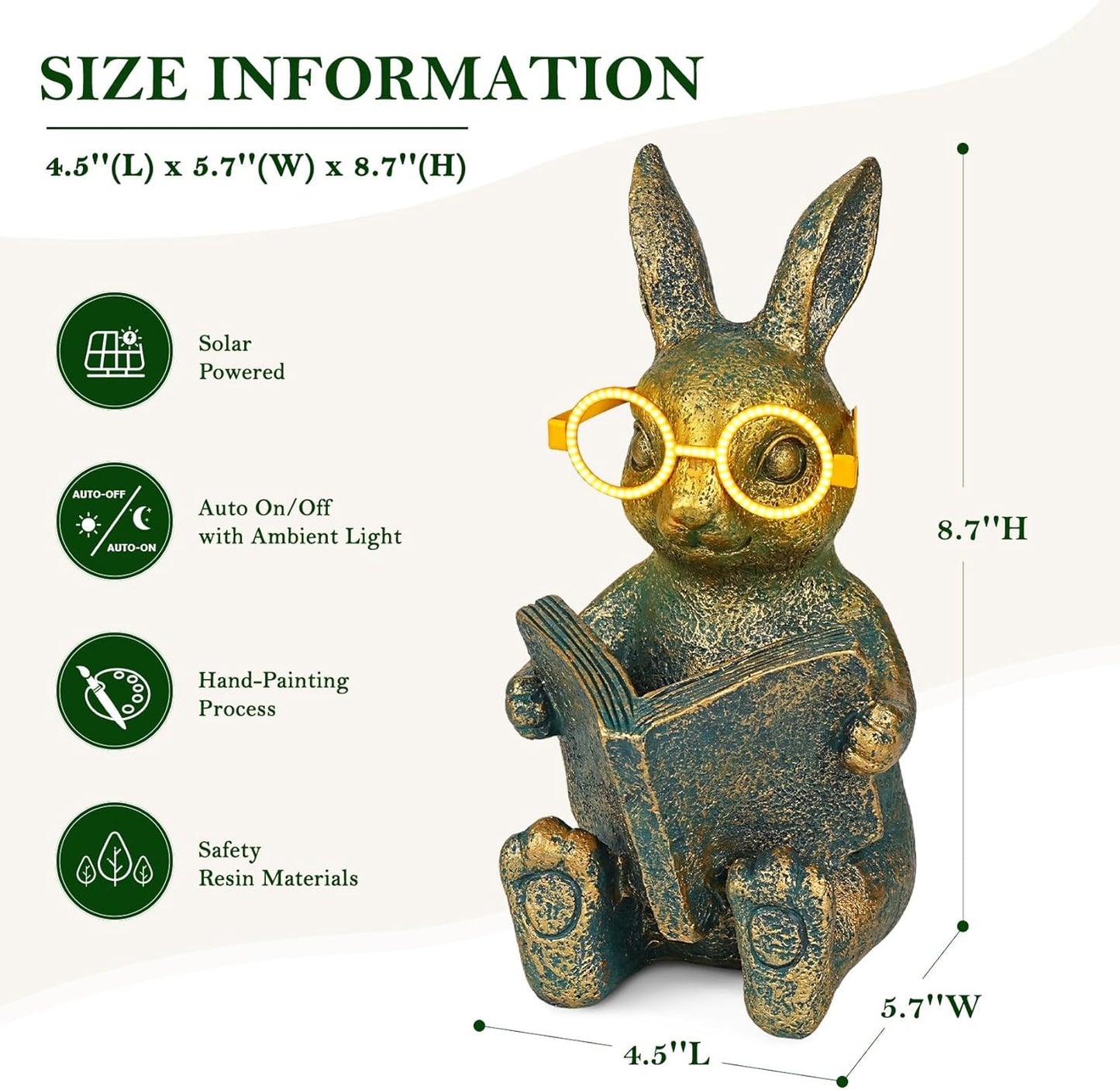 Solar Garden Decor, Adorable Rabbit Statue with Solar-Powered Glasses, Outdoor Bunny Figurine Lights for Patio, Yard & Balcony, for Kids, Mom & Grandma-VerdiqueGarden