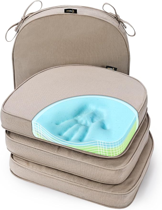 SUNROX Gel Memory Foam Chair Cushions, FadeShield Water-, Stain-Resistant Durable Reversible Seat Cushion Pads with Ties for Indoor/Outdoor Kitchen Dining Office, 19"x19", Set of 4, Husk Birch-VerdiqueGarden