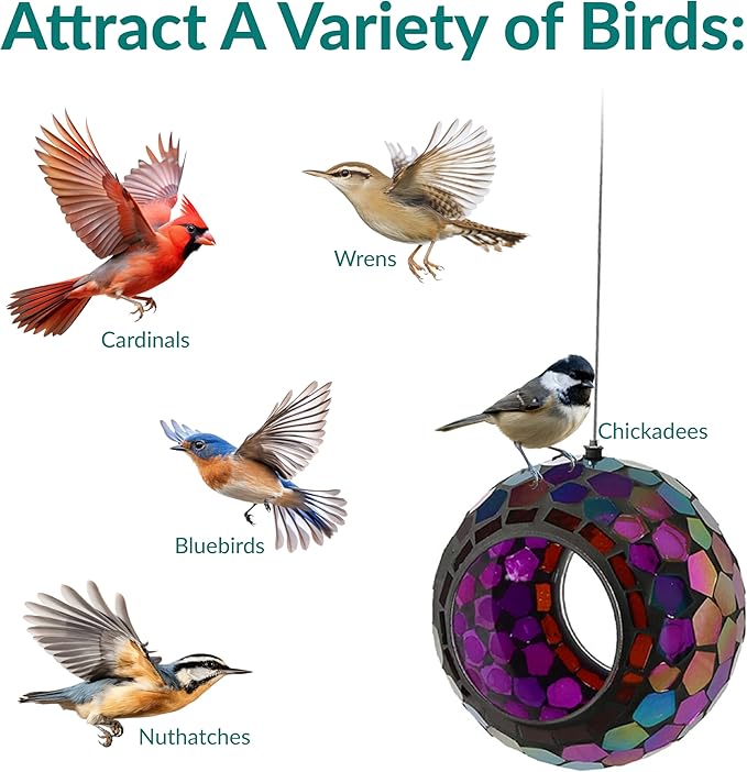 Sunnydaze 6-Inch Glass Mosaic Hanging Bird Feeder for Outdoors - Fly-Through Wild Bird Feeder - Iridescent Purple Mosaic-VerdiqueGarden