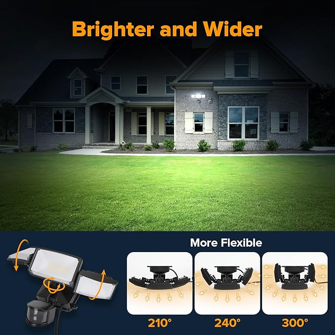 LUTEC 49W Motion Sensor Outdoor Lights, 5500 LM Plug in Flood Light Outdoor, Dusk to Dawn, IP65 Waterproof Security Lighting, 5000K Daylight, Adjustable Wall-Mounted for Garage, Yard, Porch (Black)-VerdiqueGarden