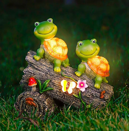 Garden Turtle Figurines Outdoor Decorations, Solar Powered Sweet Frog Face Turtles Resin Statue with 4 LED Lights, Garden Art Spring Fall Winter Christmas Decor for Patio Lawn Yard-VerdiqueGarden