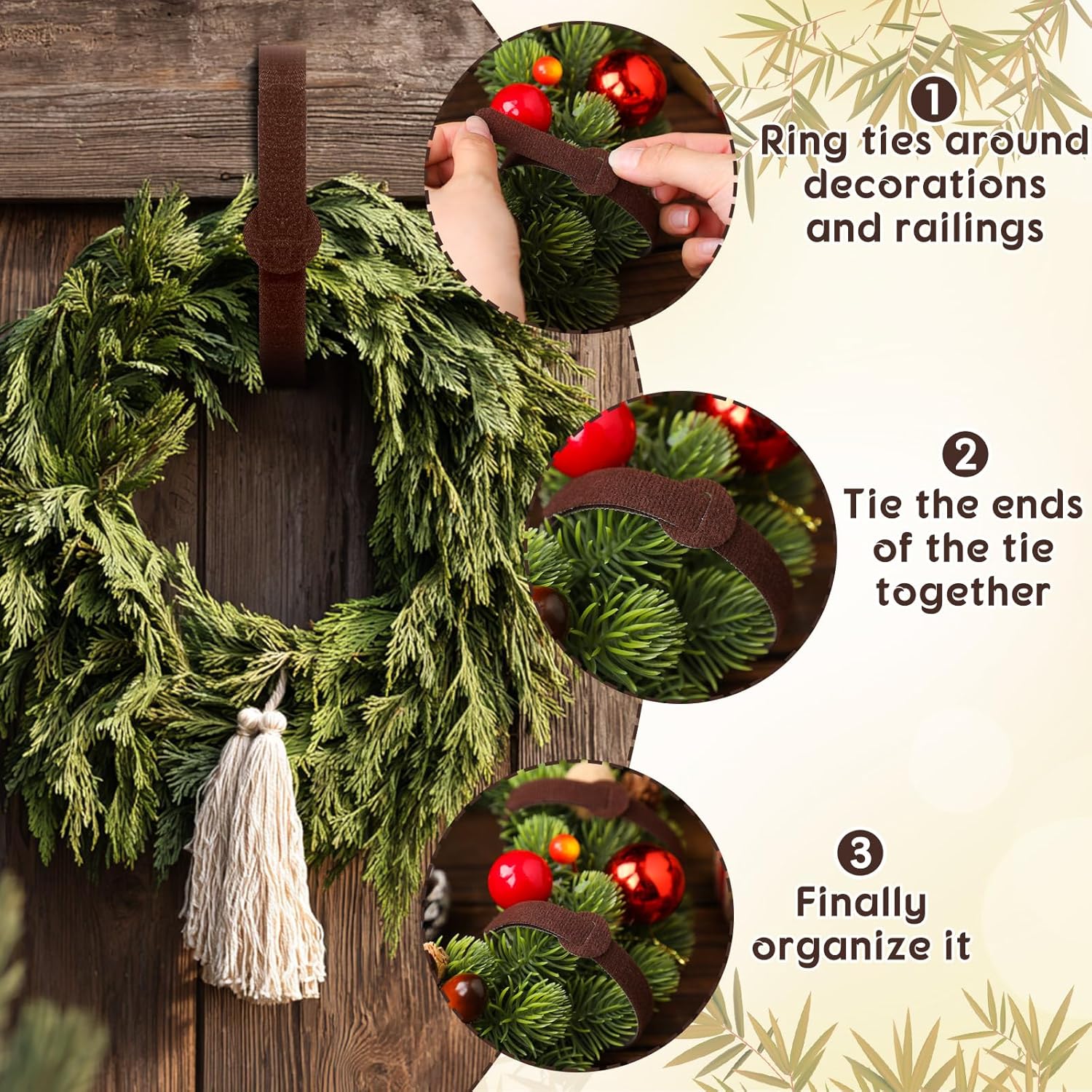 80 Pcs 12 Inch Christmas Garland Ties Brown Adjustable Holiday Banister Ties Reusable Fastener Strap Nylon Garden Plant Cable Strap Christmas Tree Wreath Hook Loop Organizer for Home Office-VerdiqueGarden