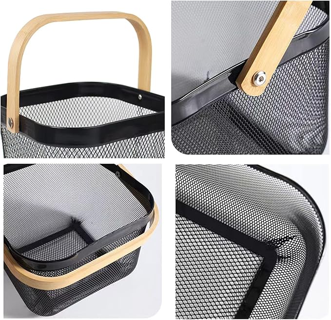 Metal Mesh Steel Basket, Storage Organizer Basket Multi-functional Hanging Kitchen Baskets Fruit Basket Bin with Bamboo Handle for Kitchen Bathroom Picnic Shopping Decor Cabinet Home, Black-VerdiqueGarden