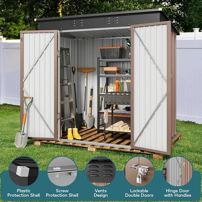 Gizoon 6' x 4' Outdoor Storage Shed with Double Lockable Doors, Anti-Corrosion Metal Garden Shed, Waterproof Shed Outdoor Storage Clearance for Backyard Patio Lawn-Brown-VerdiqueGarden