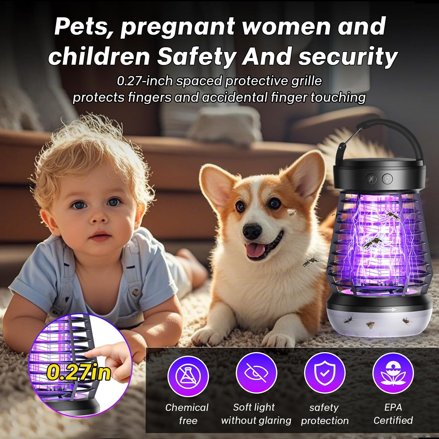 Upgraded Electric Fly Zapper,3 in 1 Bug Zapper Outdoor & Indoor, Electric Mosquito Killer Lamp with 2000V Grid & On/Off Switch, Mosquito Traps for Kitchen, Patio, Backyard, and More (Black)-VerdiqueGarden